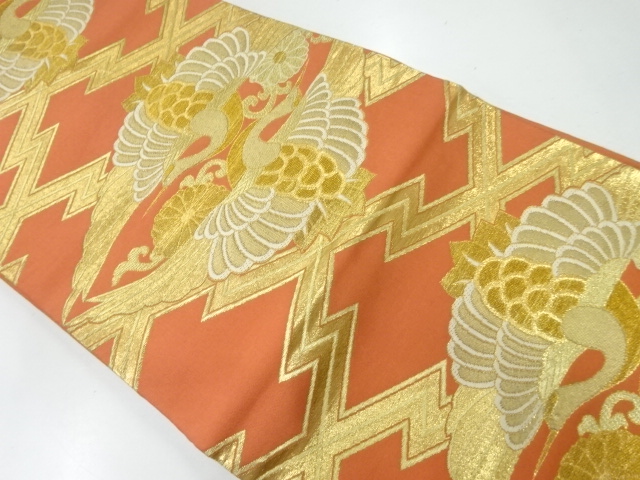 アンティーク　松皮菱に向かい鶴・菊唐草模様織出し袋帯（材料）